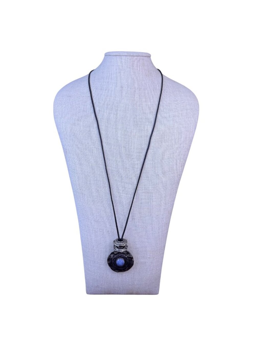 Express Womens Black Cord Necklace Silver Tone Pendant Gray Blue Stone
